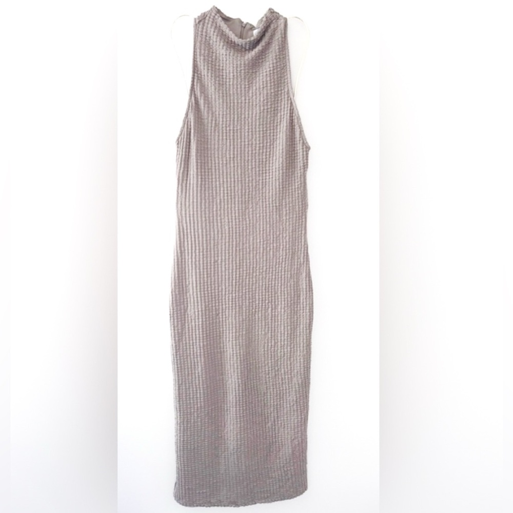 The Drop Beige Taupe Crinkle Smock Ribbed Sleeveless High Neck Midi Dress XL NWT